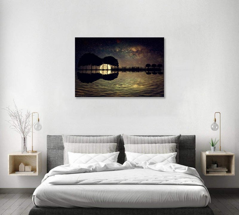 Urttiiyy Abstract Guitar Trees Arranged in a Shape of a Guitar on a Starry Sky Background in a Full Moon Night Guitar Canvas Wall Art Modern Home Music Decor Framed Ready to Hang - Image 3